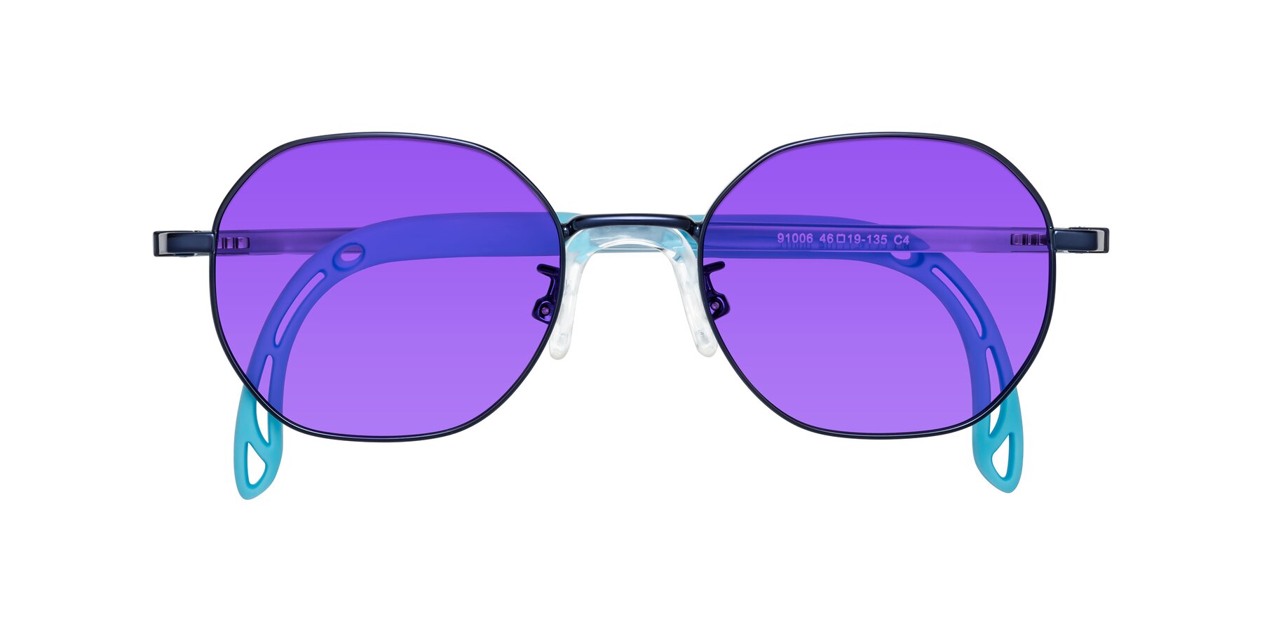 Folded Front of Esther in Sailor Blue with Purple Tinted Lenses