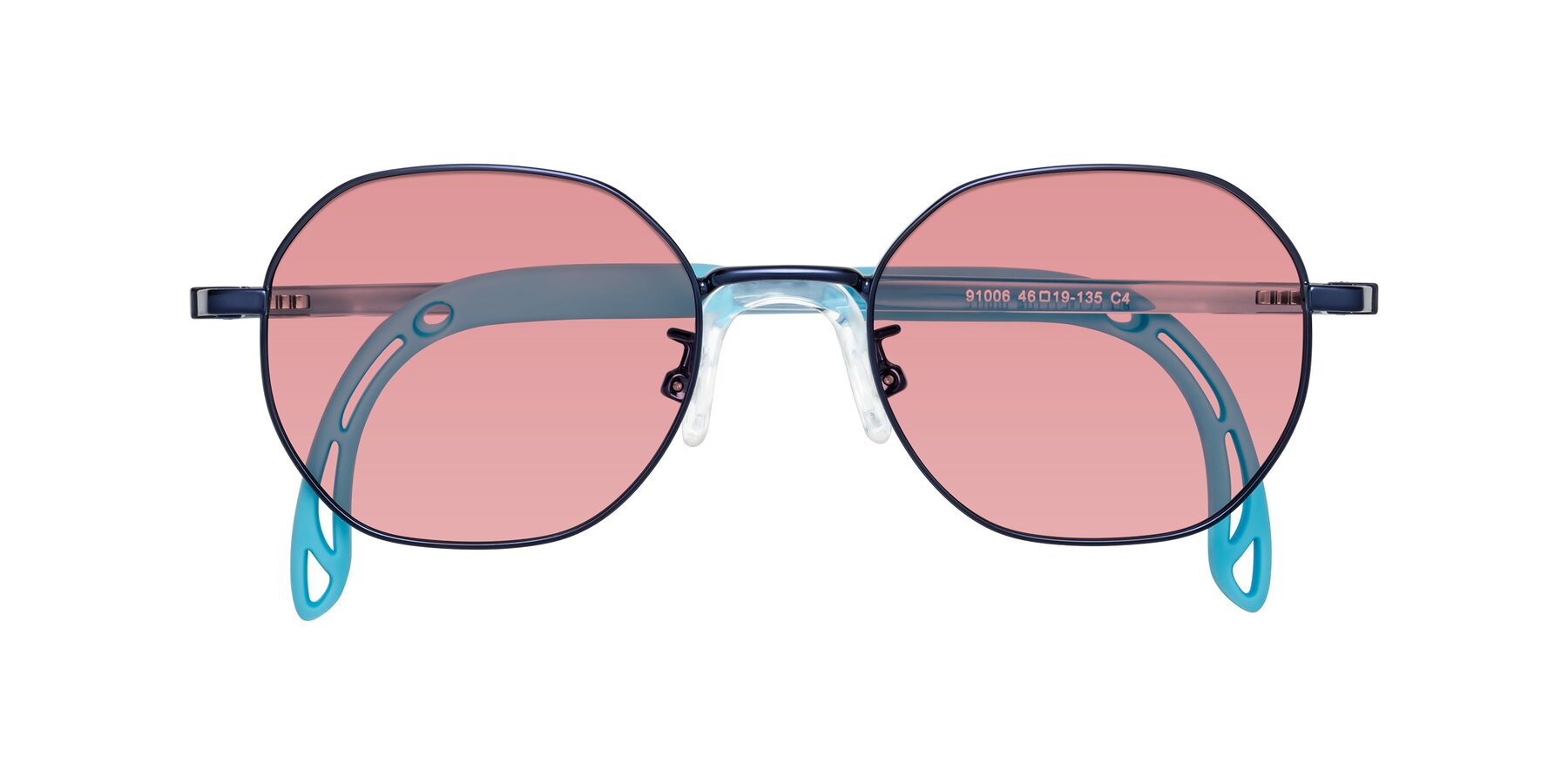 Folded Front of Esther in Sailor Blue with Medium Garnet Tinted Lenses