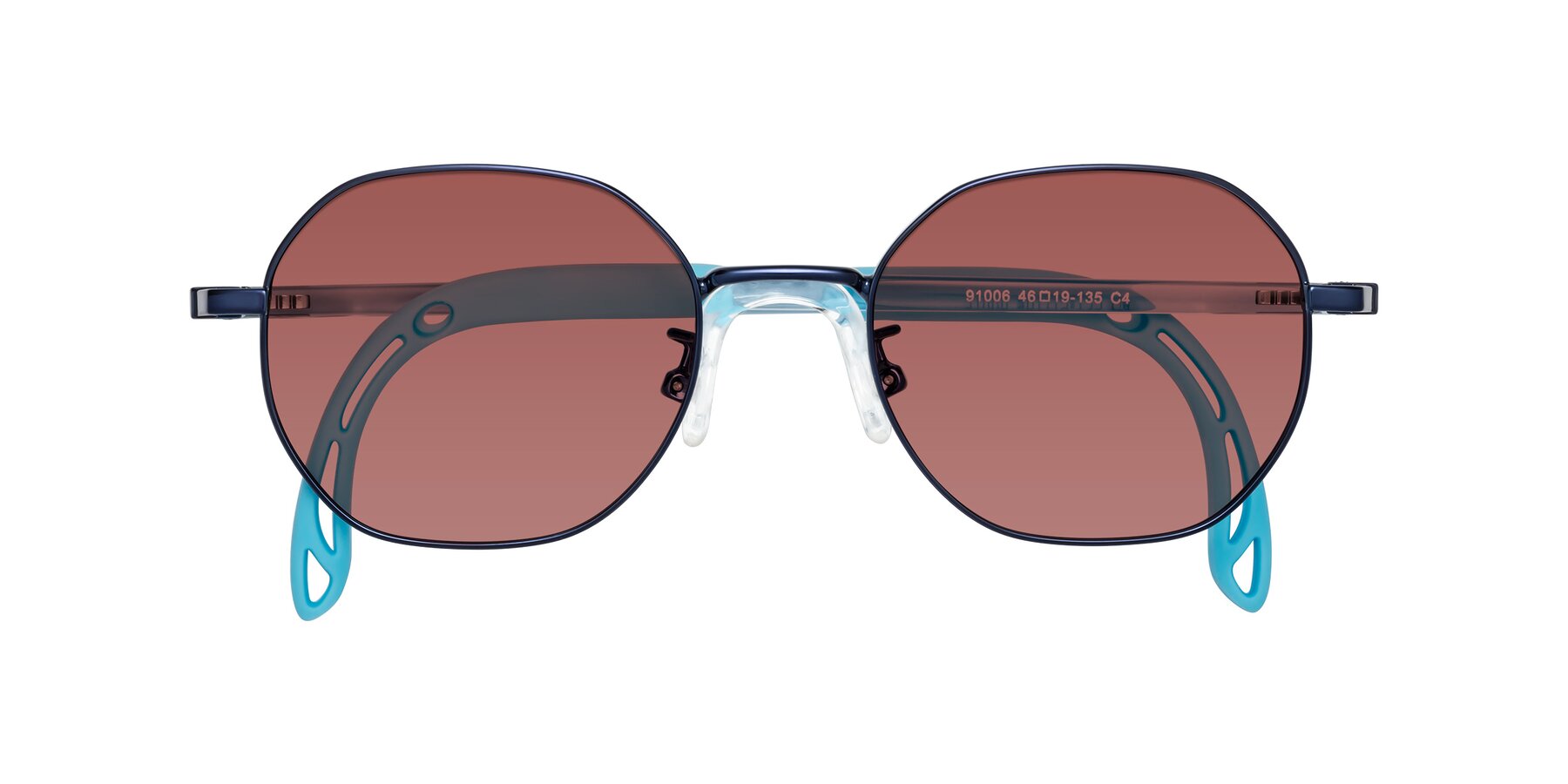 Folded Front of Esther in Sailor Blue with Garnet Tinted Lenses