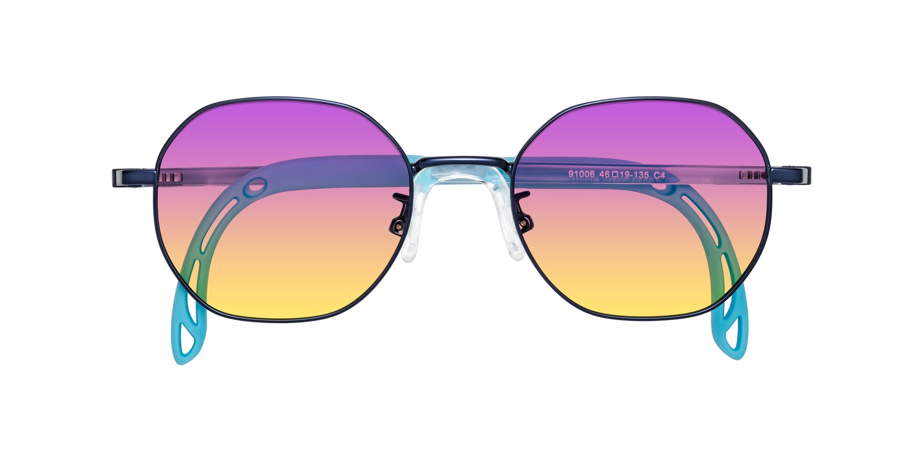 Folded Front of Esther in Sailor Blue with Purple / Yellow Gradient Lenses