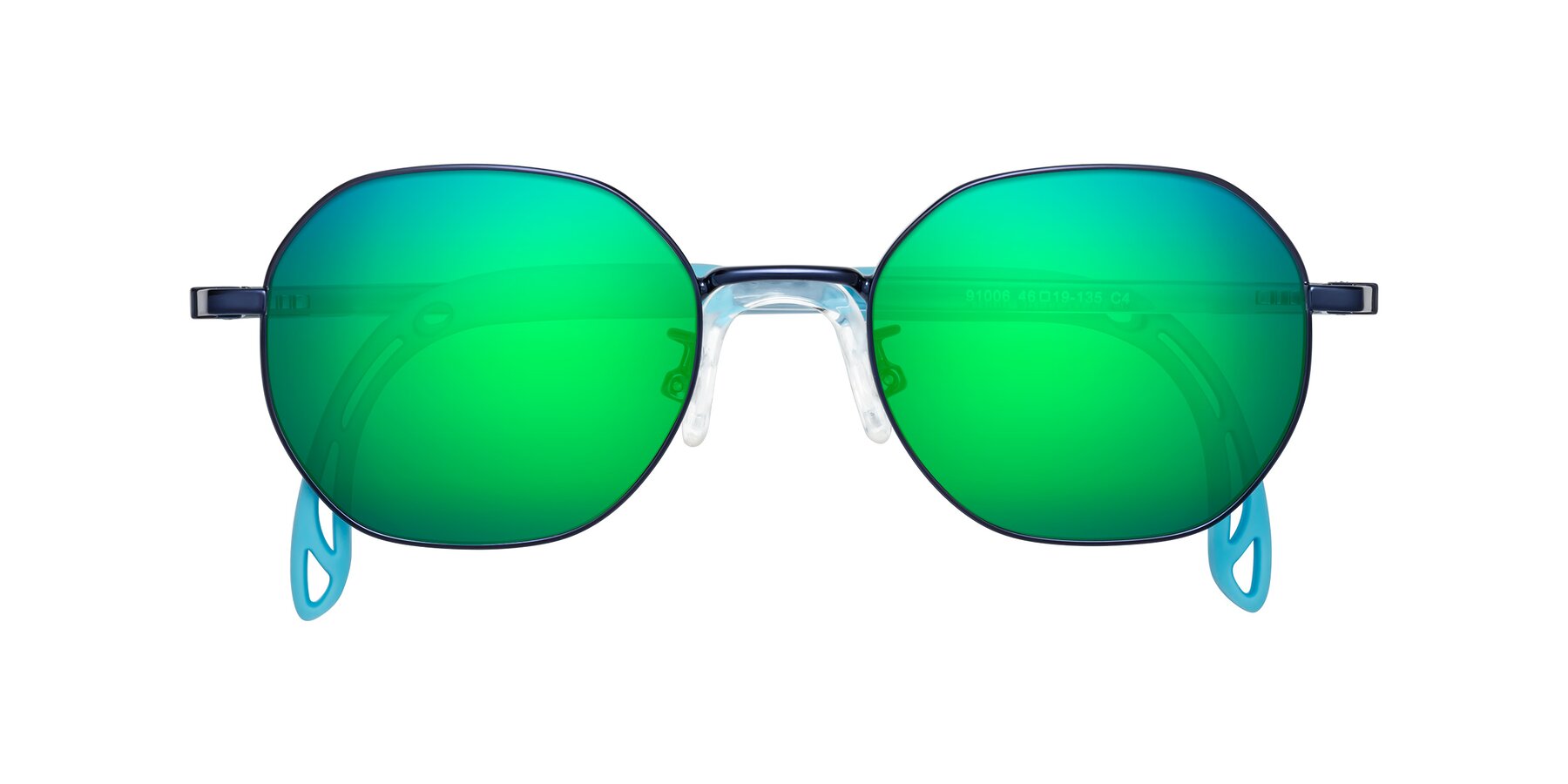 Folded Front of Esther in Sailor Blue with Green Mirrored Lenses