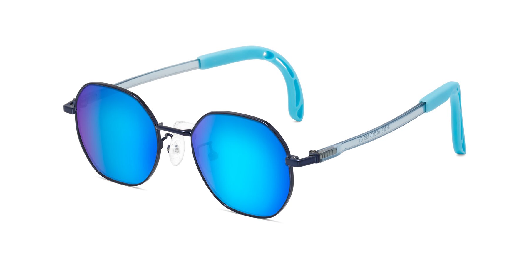 Angle of Esther in Sailor Blue with Blue Mirrored Lenses