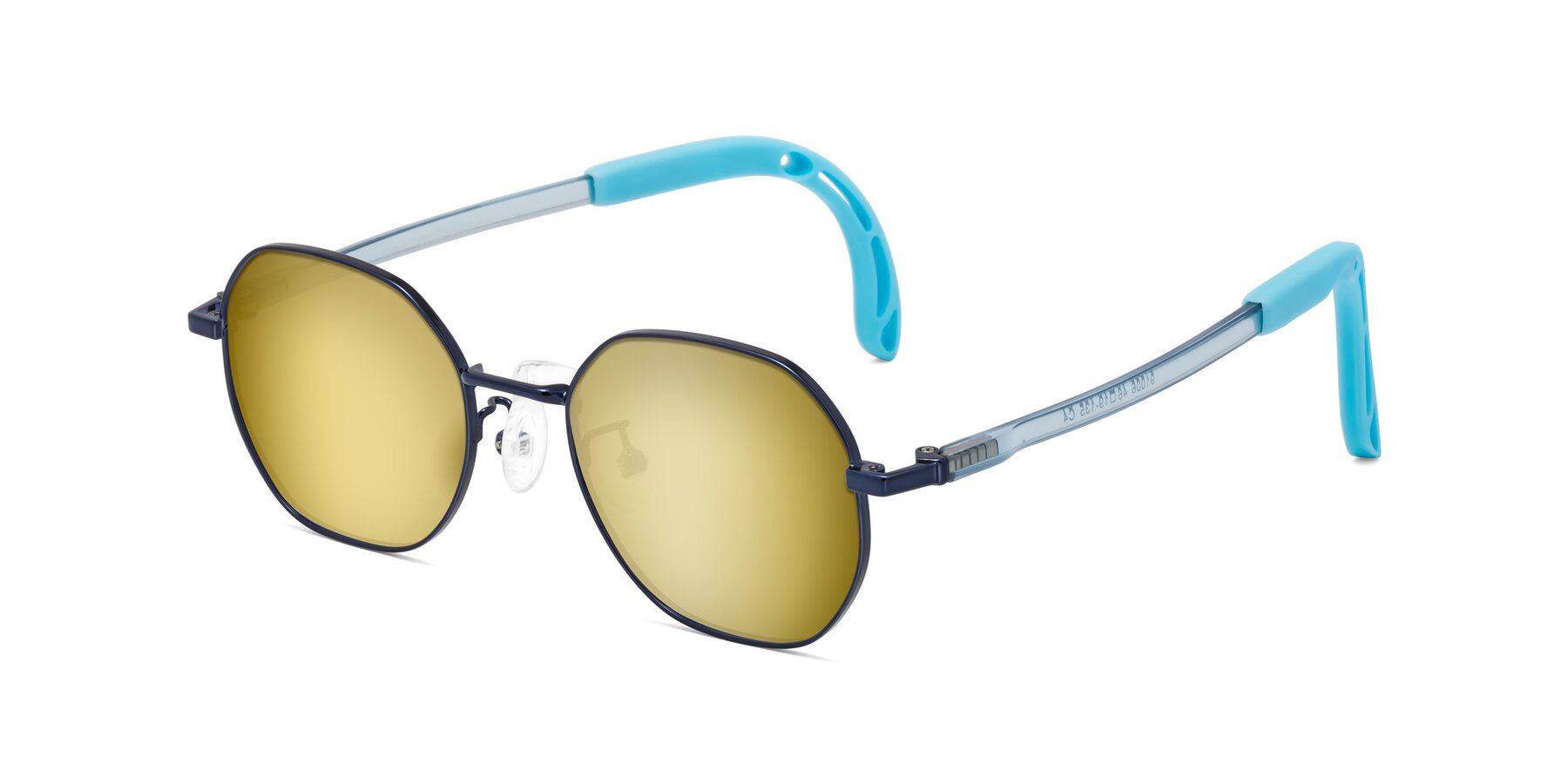 Angle of Esther in Sailor Blue with Gold Mirrored Lenses