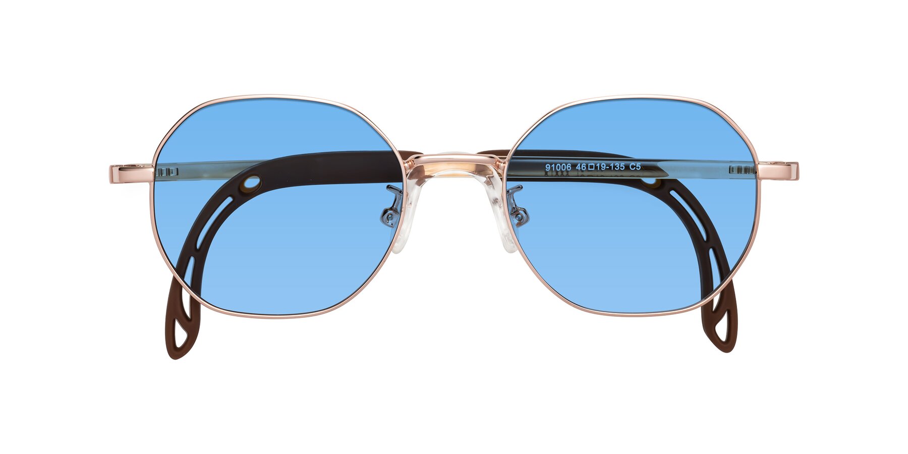 Folded Front of Esther in Professor Gold with Medium Blue Tinted Lenses