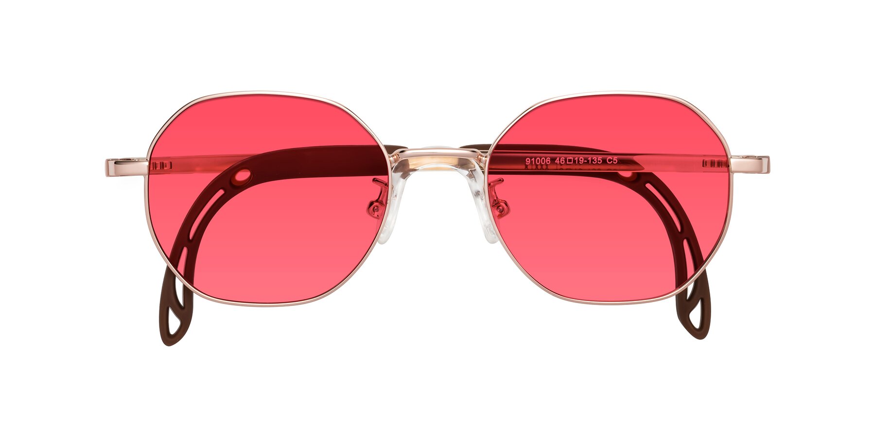 Folded Front of Esther in Professor Gold with Red Tinted Lenses