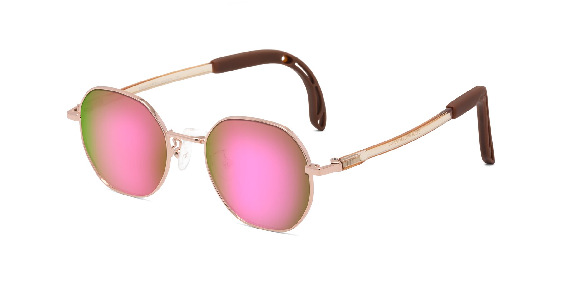 Angle of Esther in Professor Gold with Pink Mirrored Lenses