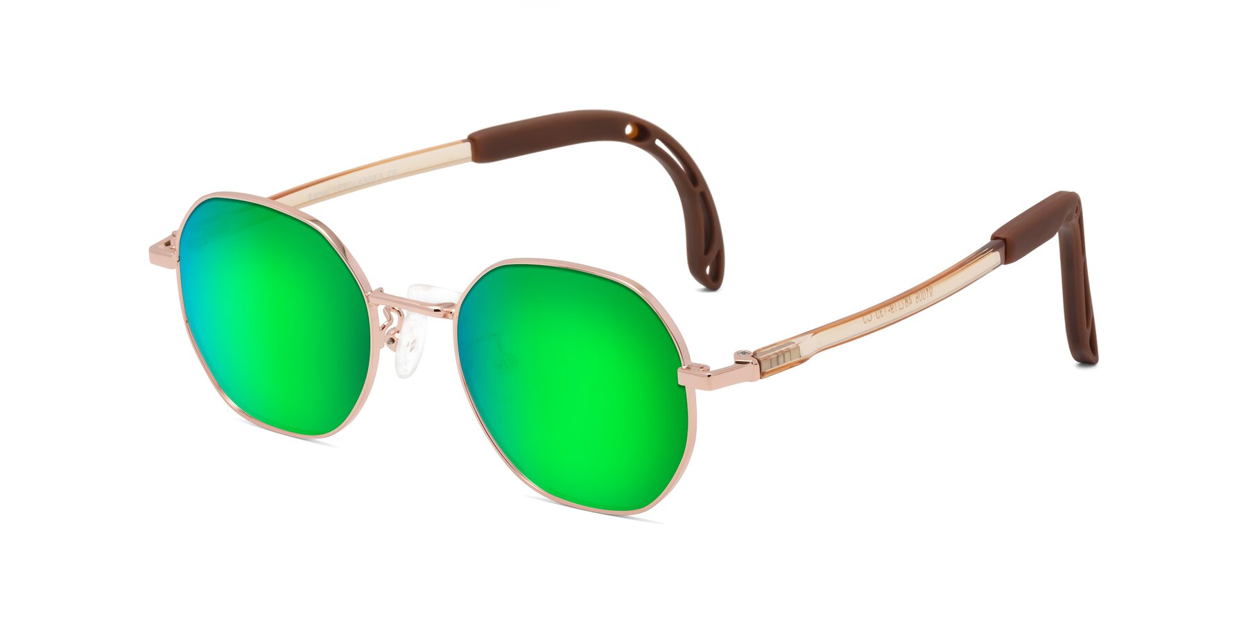 Angle of Esther in Professor Gold with Green Mirrored Lenses