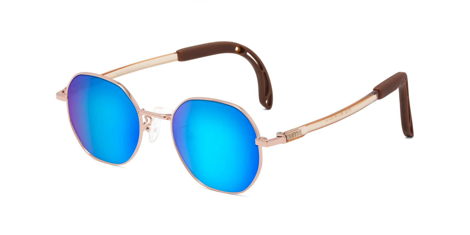 Angle of Esther in Professor Gold with Blue Mirrored Lenses