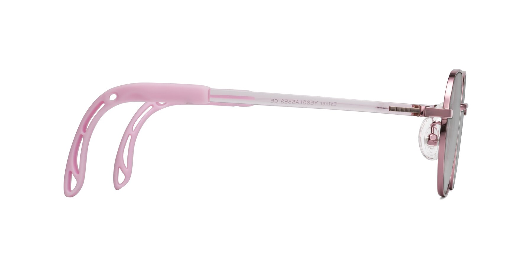 Side of Esther in Artist Pink with Light Gray Tinted Lenses