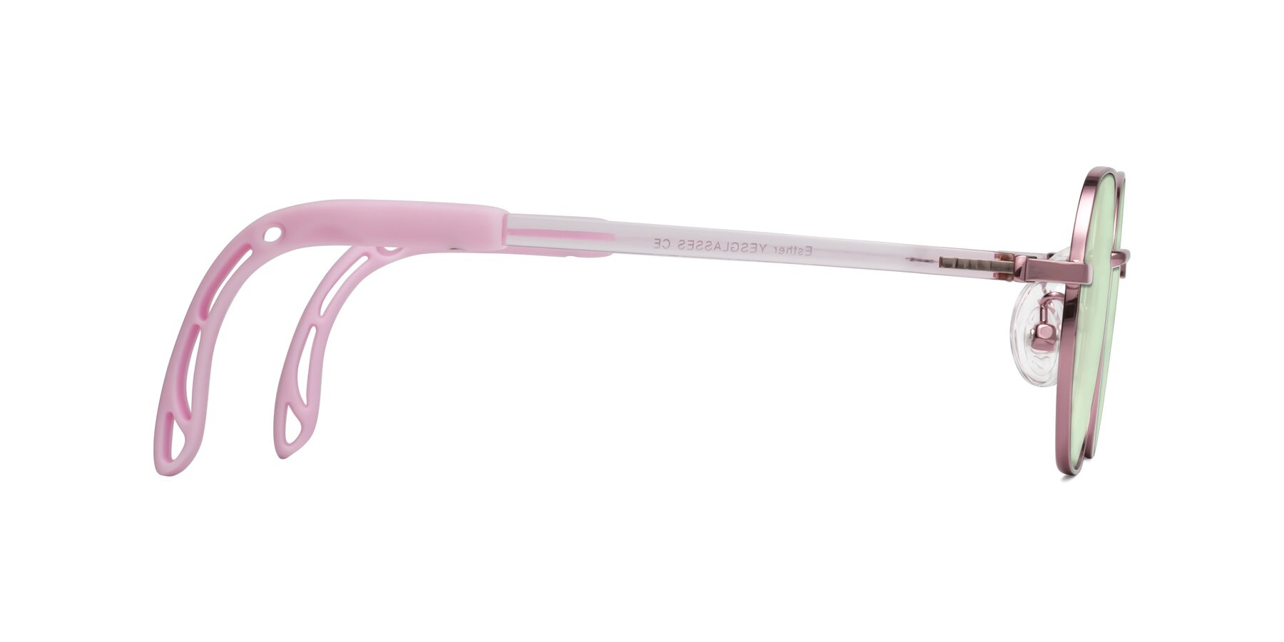 Side of Esther in Artist Pink with Light Green Tinted Lenses