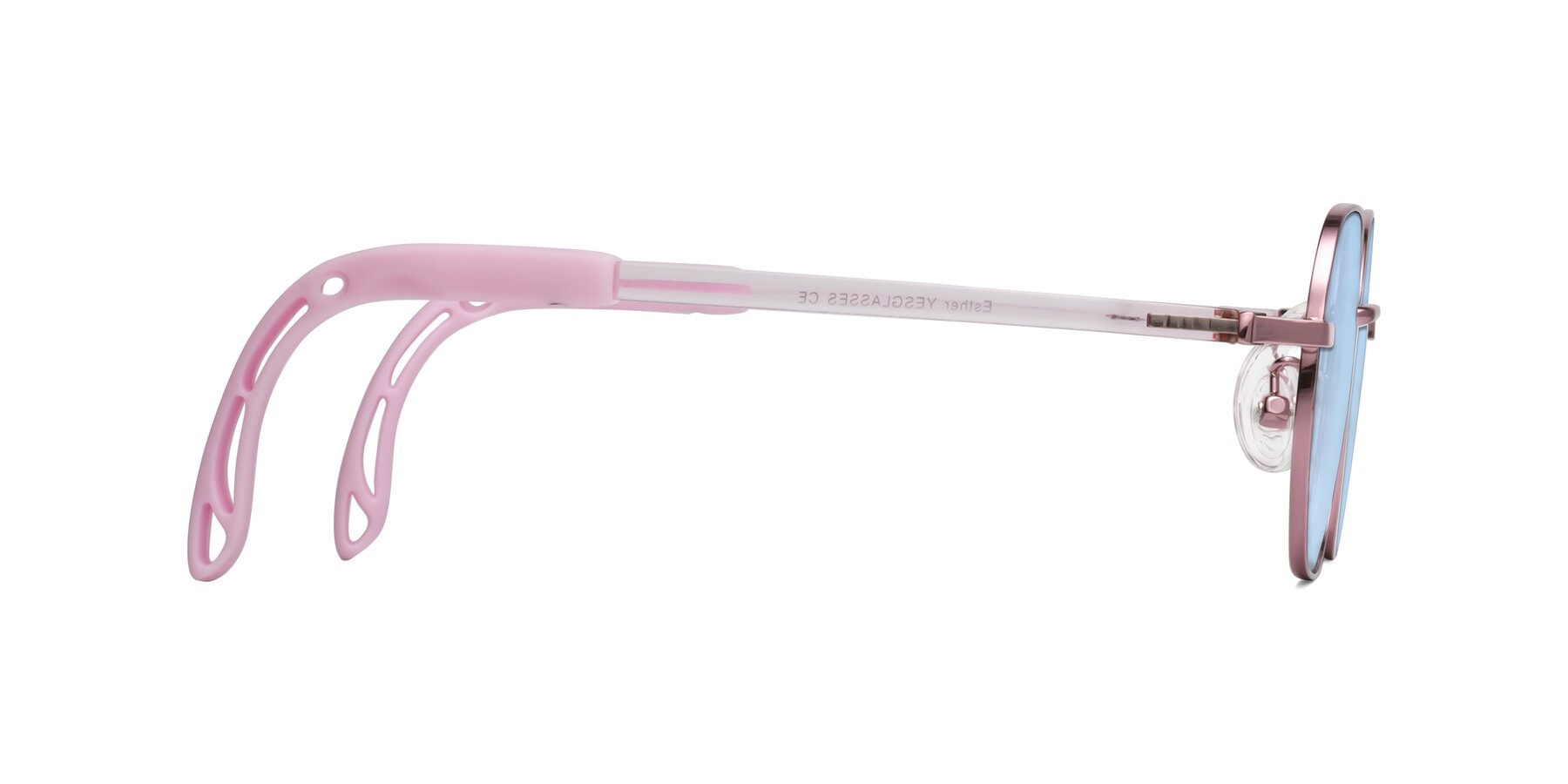 Side of Esther in Artist Pink with Light Blue Tinted Lenses