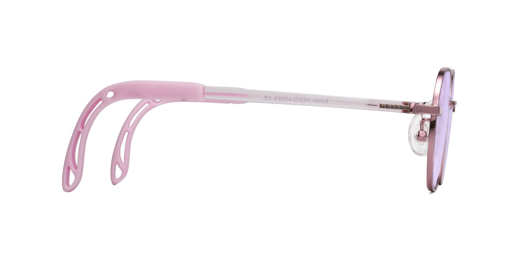 Side of Esther in Artist Pink with Light Purple Tinted Lenses