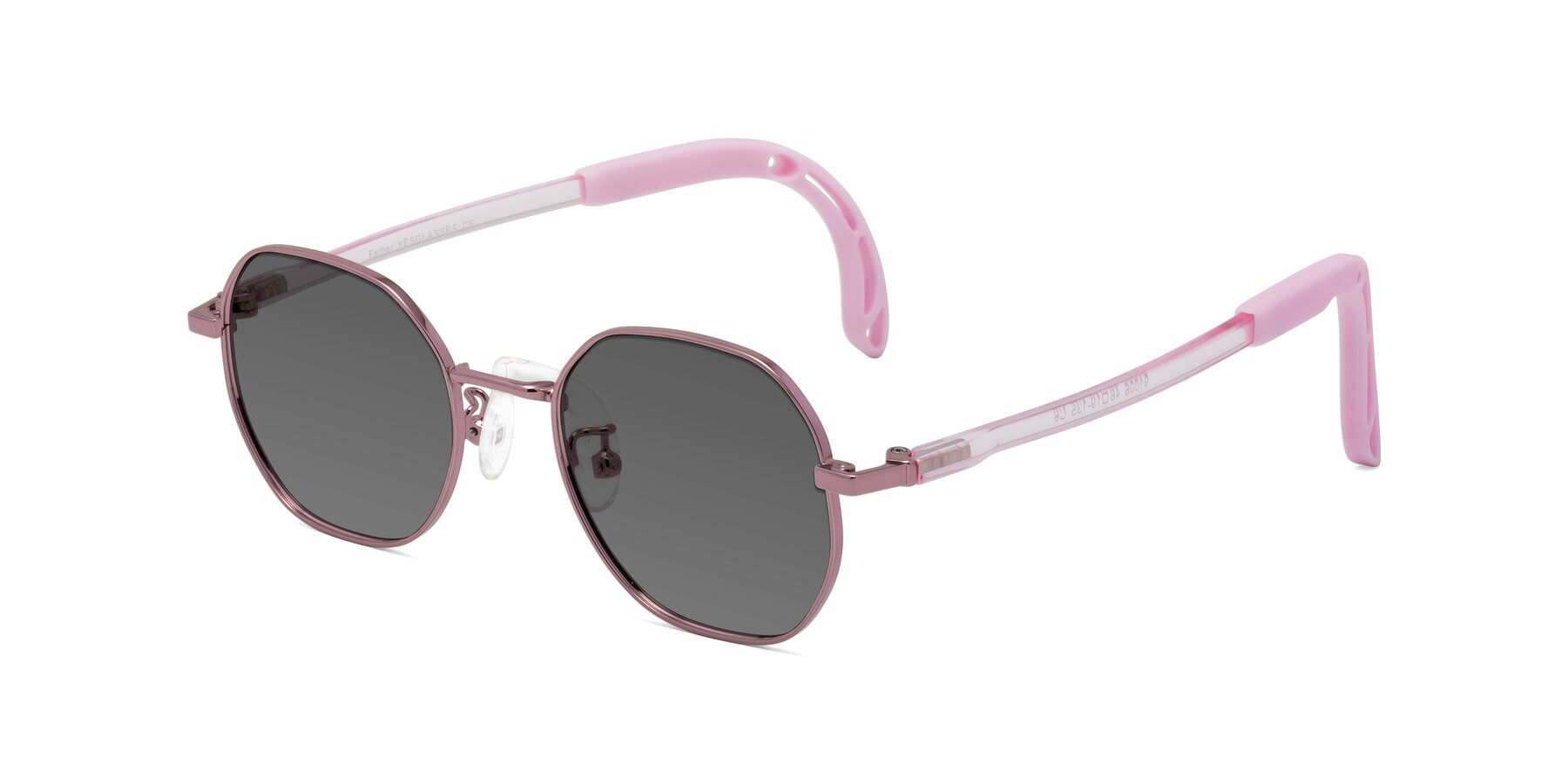 Angle of Esther in Artist Pink with Medium Gray Tinted Lenses