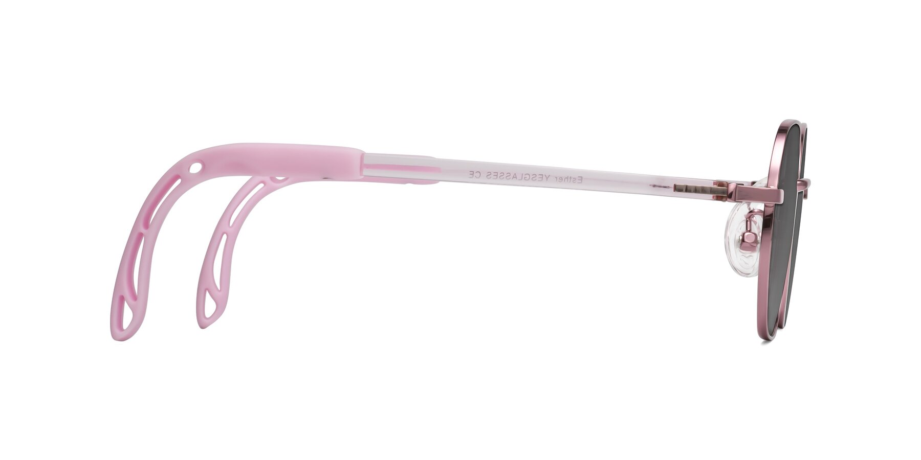 Side of Esther in Artist Pink with Medium Gray Tinted Lenses