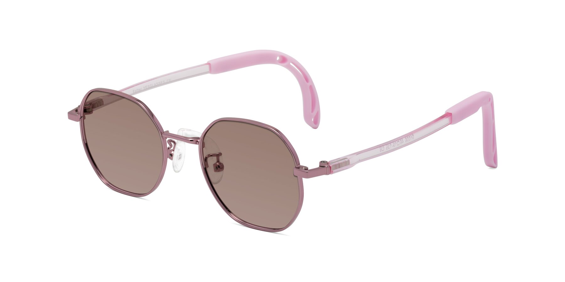 Angle of Esther in Artist Pink with Medium Brown Tinted Lenses