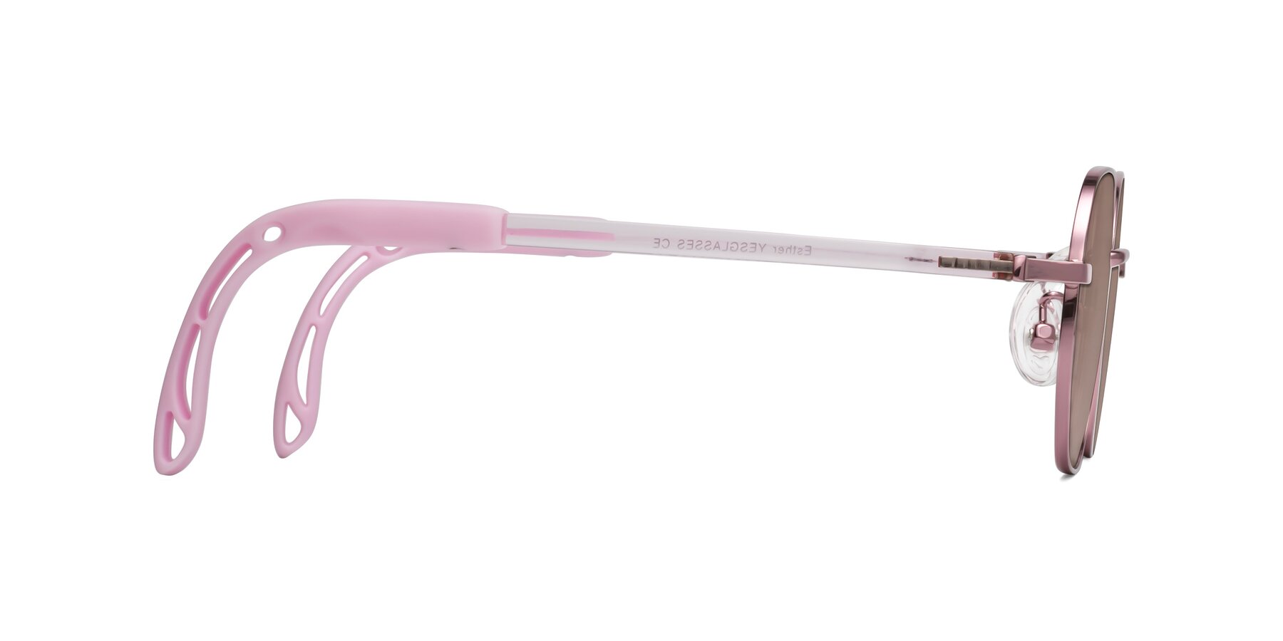 Side of Esther in Artist Pink with Medium Brown Tinted Lenses