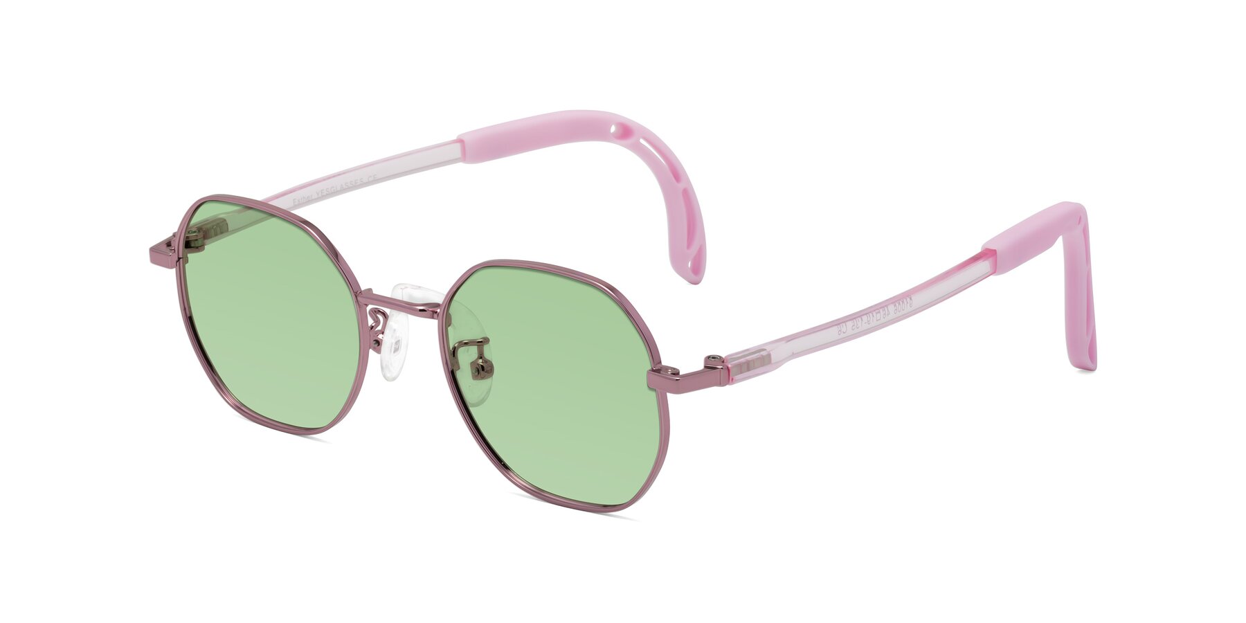 Angle of Esther in Artist Pink with Medium Green Tinted Lenses