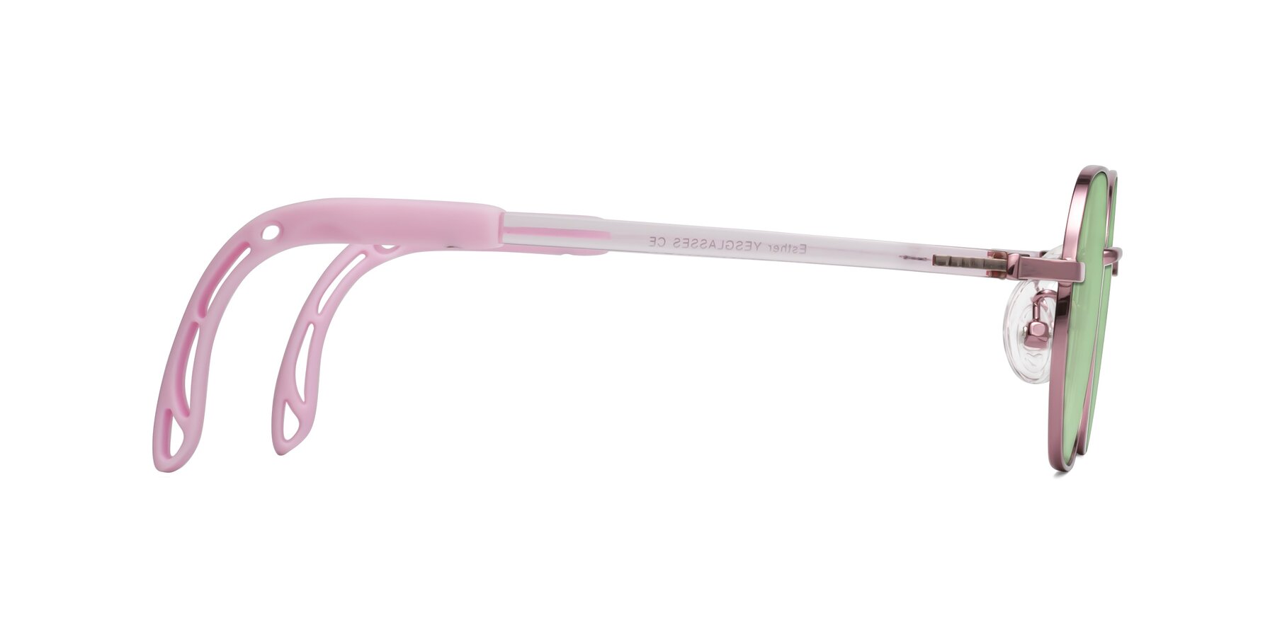 Side of Esther in Artist Pink with Medium Green Tinted Lenses