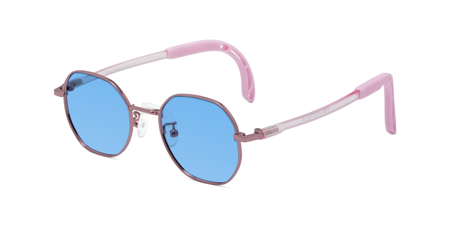 Angle of Esther in Artist Pink with Medium Blue Tinted Lenses