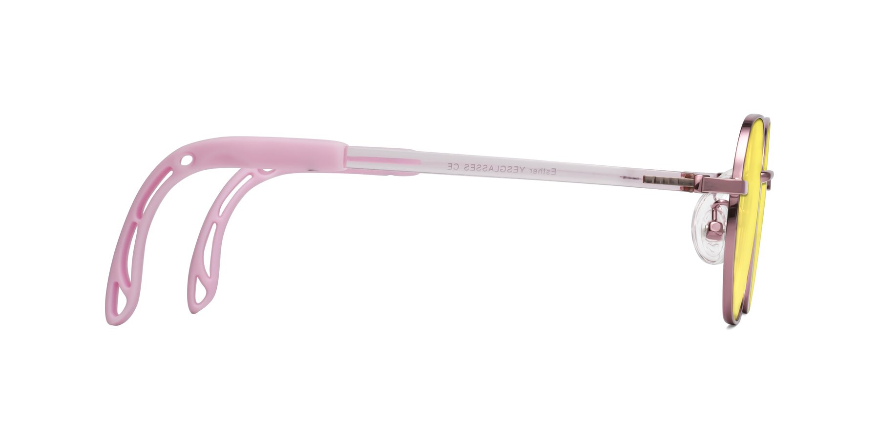 Side of Esther in Artist Pink with Medium Yellow Tinted Lenses