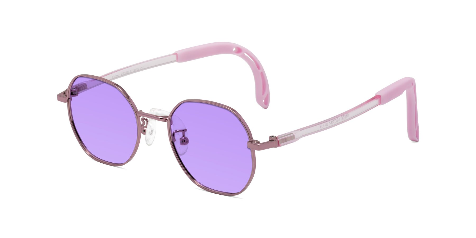 Angle of Esther in Artist Pink with Medium Purple Tinted Lenses