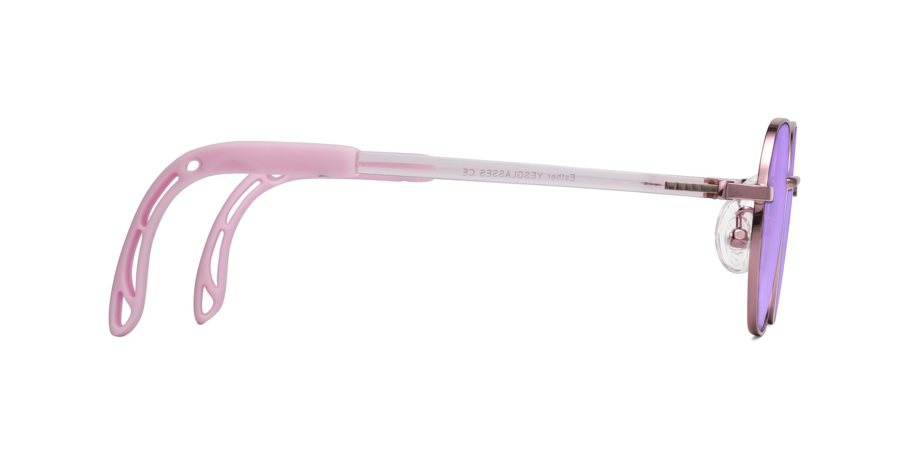 Side of Esther in Artist Pink with Medium Purple Tinted Lenses