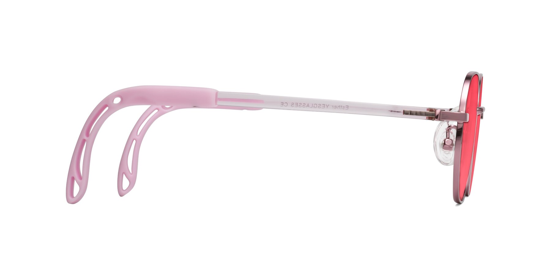 Side of Esther in Artist Pink with Red Tinted Lenses