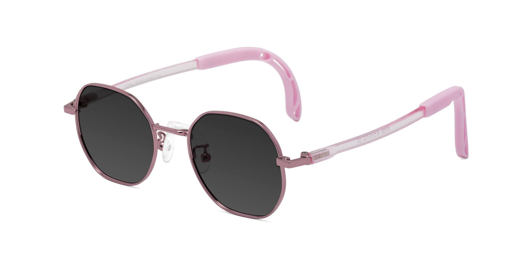 Angle of Esther in Artist Pink with Gray Tinted Lenses