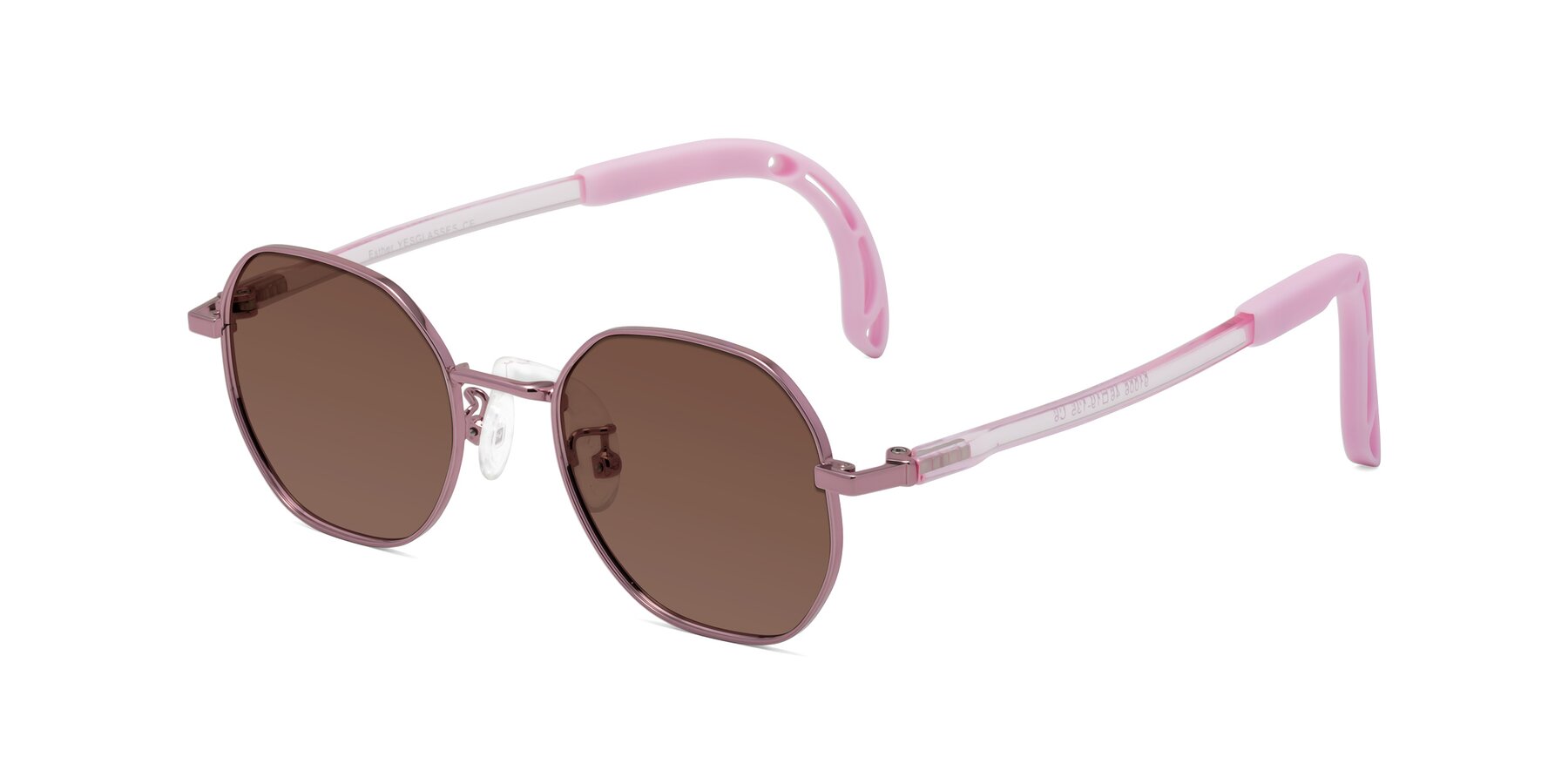 Angle of Esther in Artist Pink with Brown Tinted Lenses