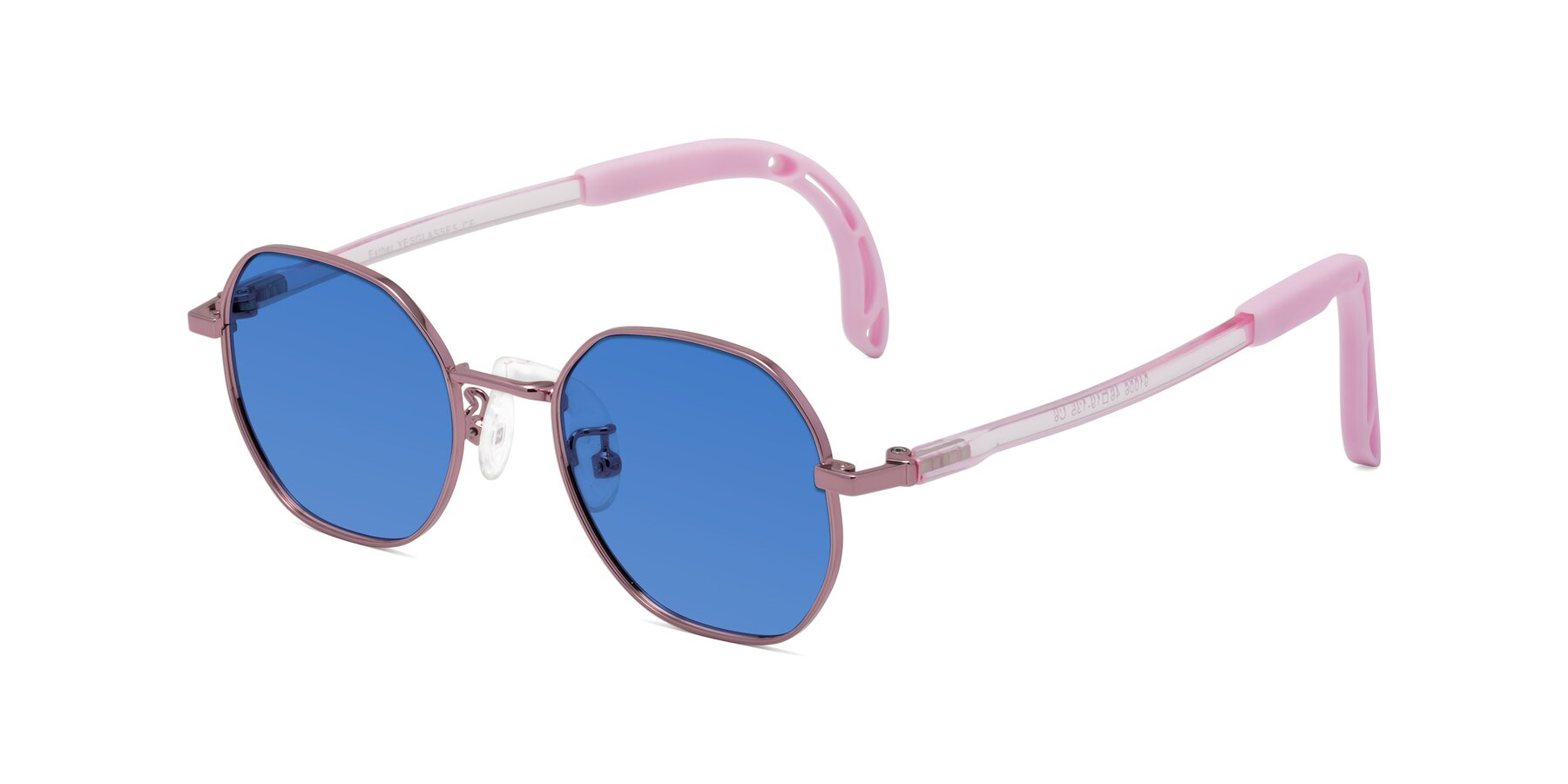 Angle of Esther in Artist Pink with Blue Tinted Lenses