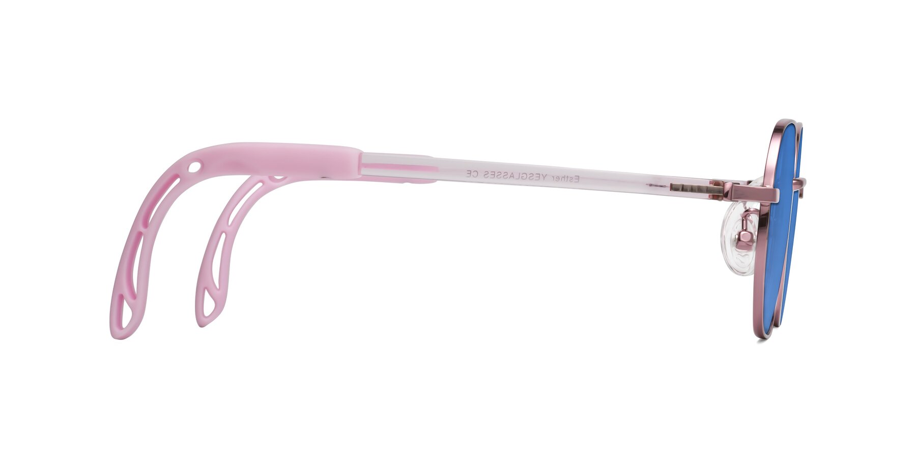 Side of Esther in Artist Pink with Blue Tinted Lenses