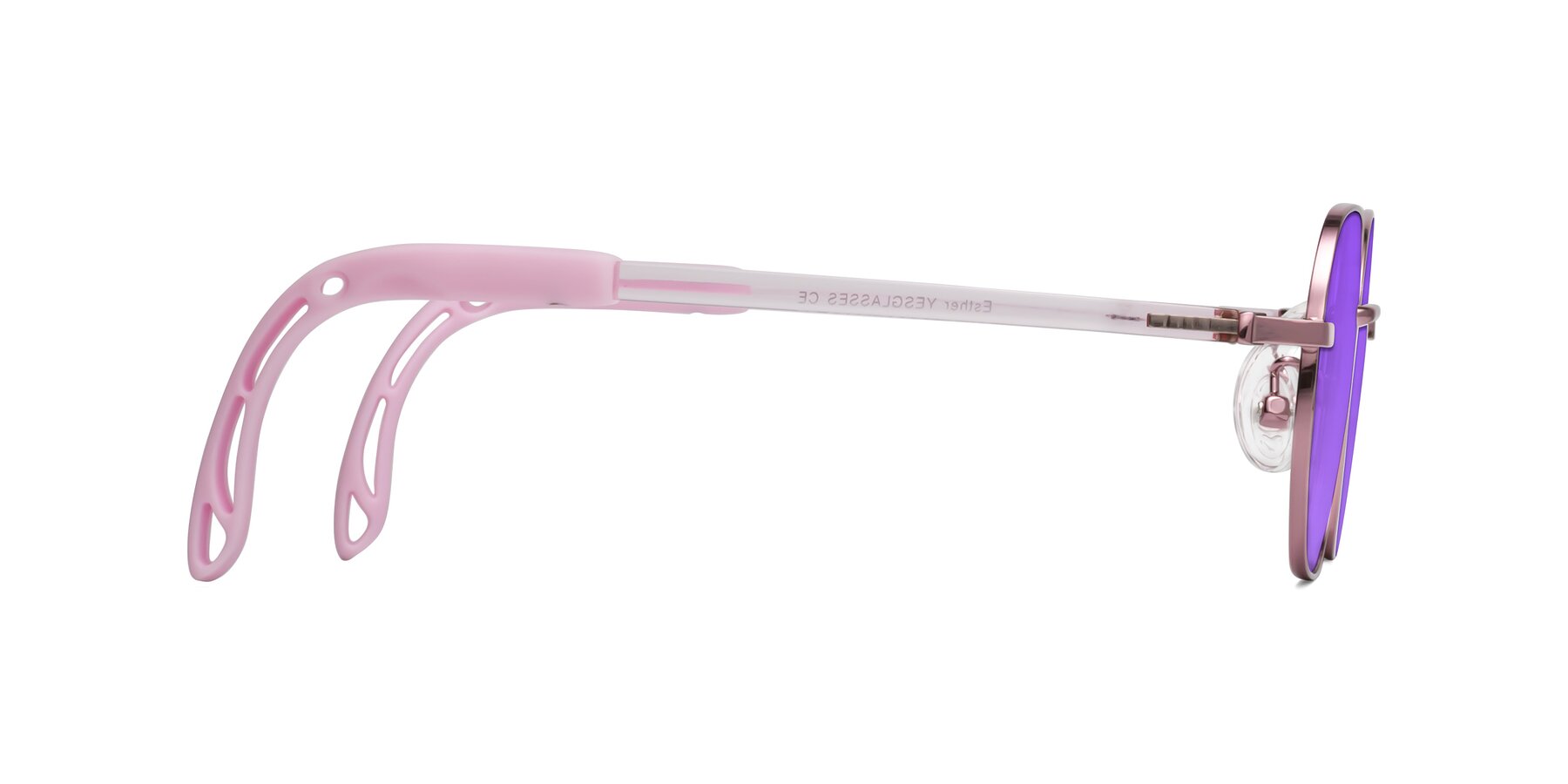 Side of Esther in Artist Pink with Purple Tinted Lenses