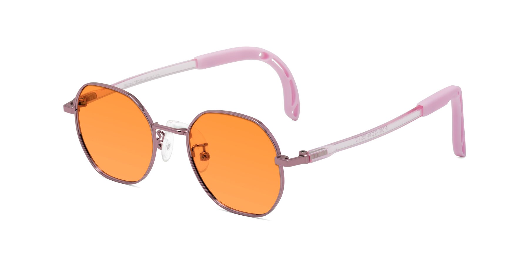 Angle of Esther in Artist Pink with Orange Tinted Lenses