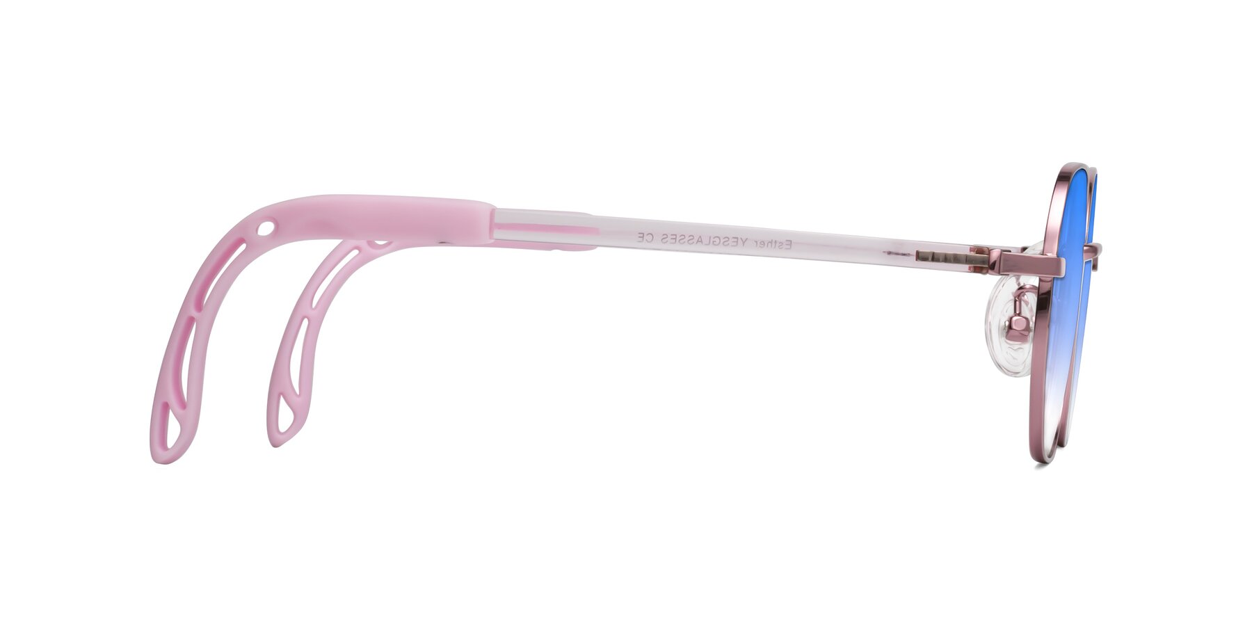 Side of Esther in Artist Pink with Blue Gradient Lenses