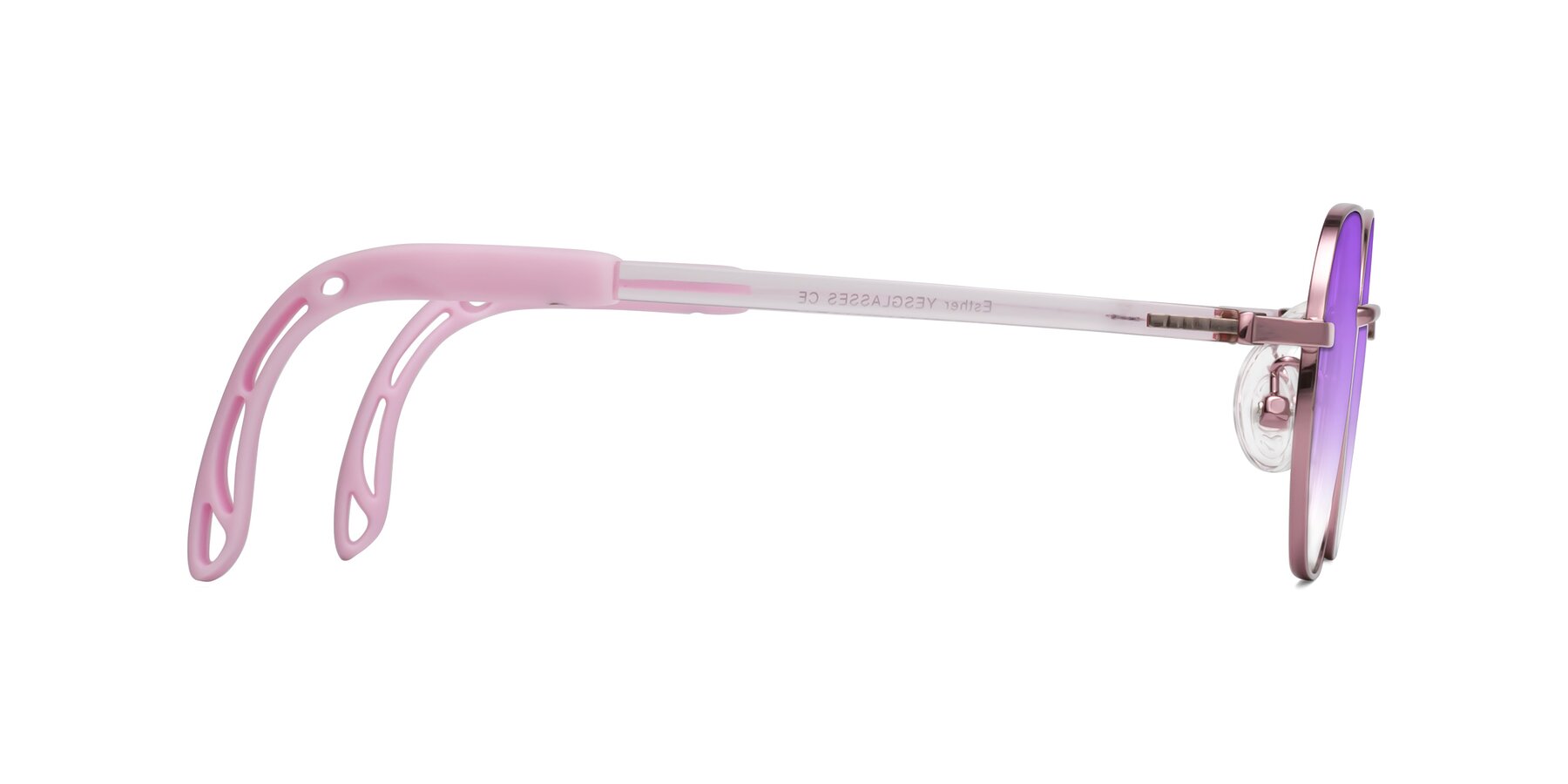 Side of Esther in Artist Pink with Purple Gradient Lenses