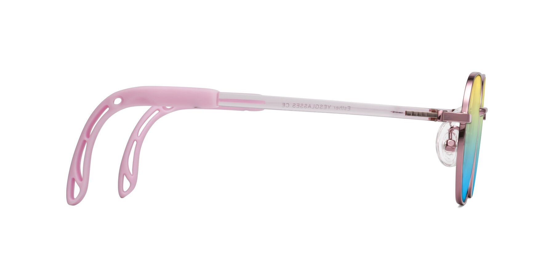 Side of Esther in Artist Pink with Yellow / Blue Gradient Lenses