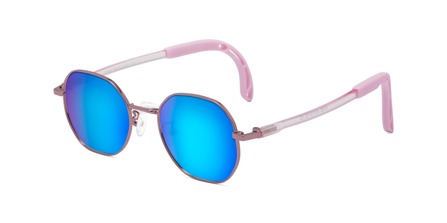 Angle of Esther in Artist Pink with Blue Mirrored Lenses