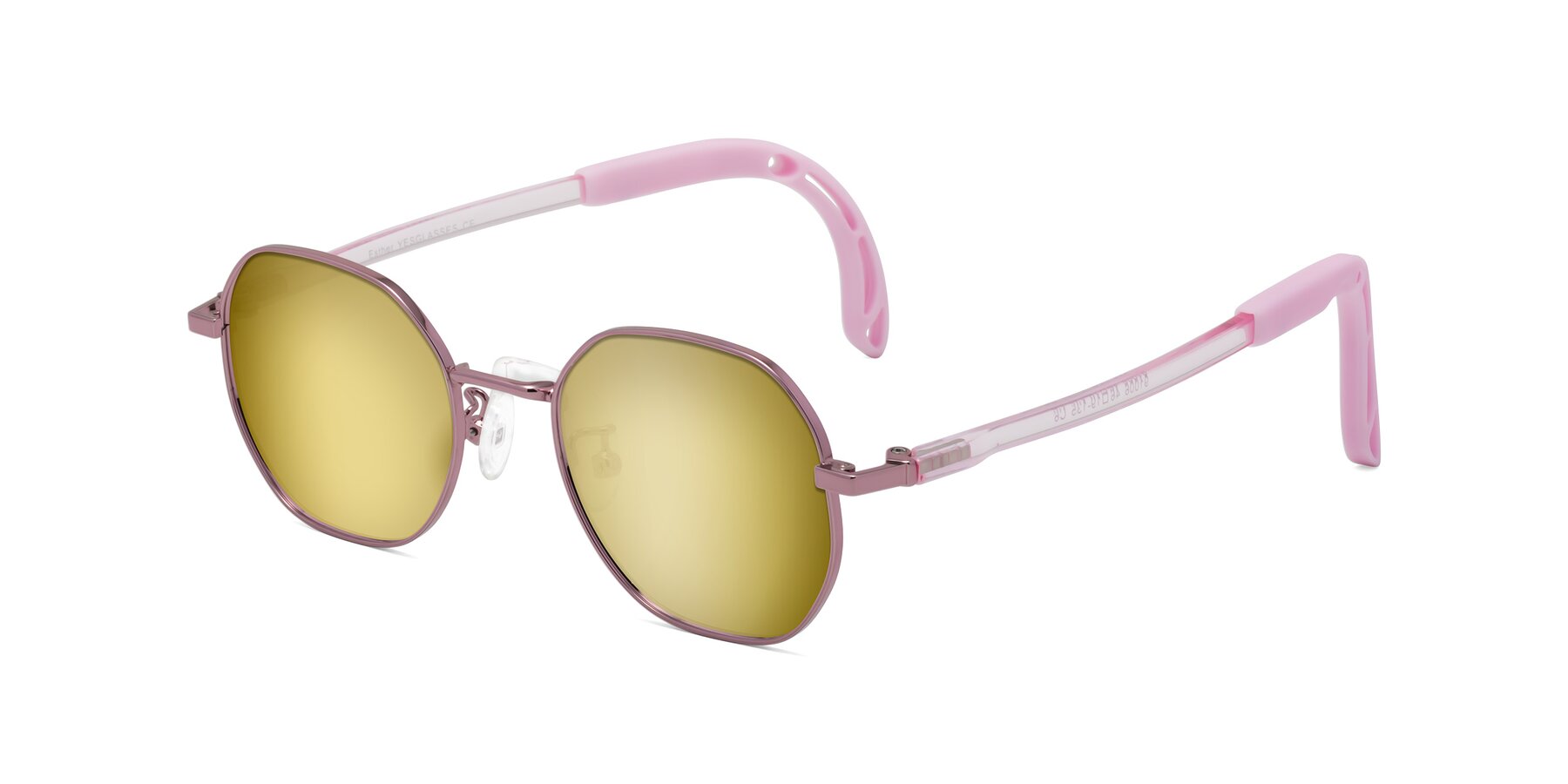 Angle of Esther in Artist Pink with Gold Mirrored Lenses