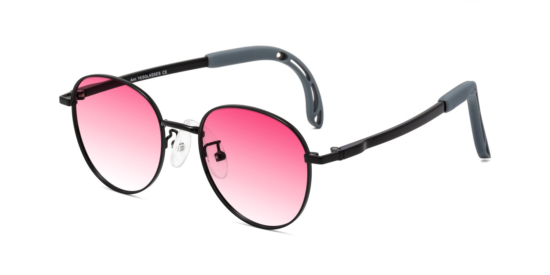 Angle of Ann in Ninja Black with Pink Gradient Lenses