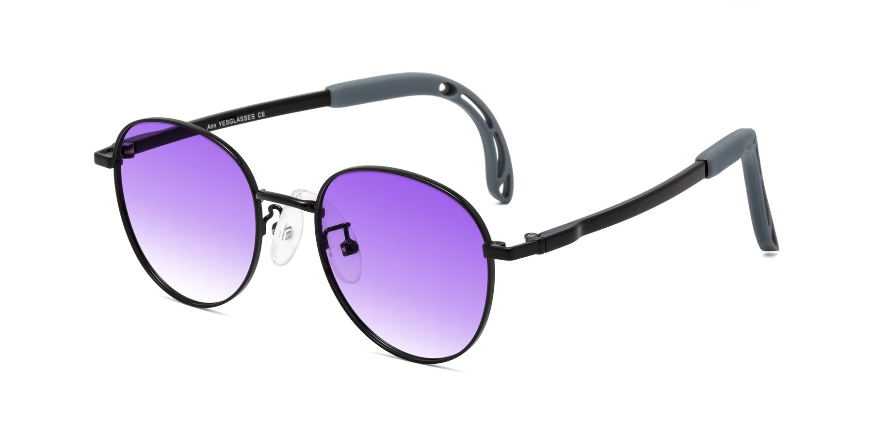 Angle of Ann in Ninja Black with Purple Gradient Lenses