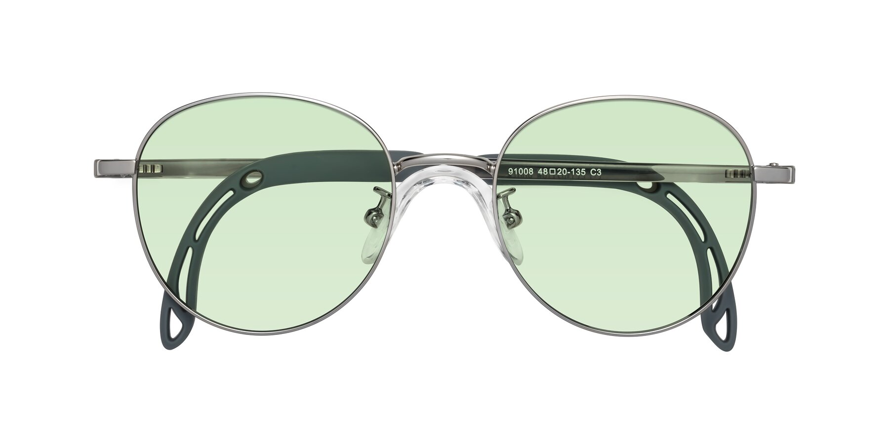 Folded Front of Ann in Knight Silver with Light Green Tinted Lenses