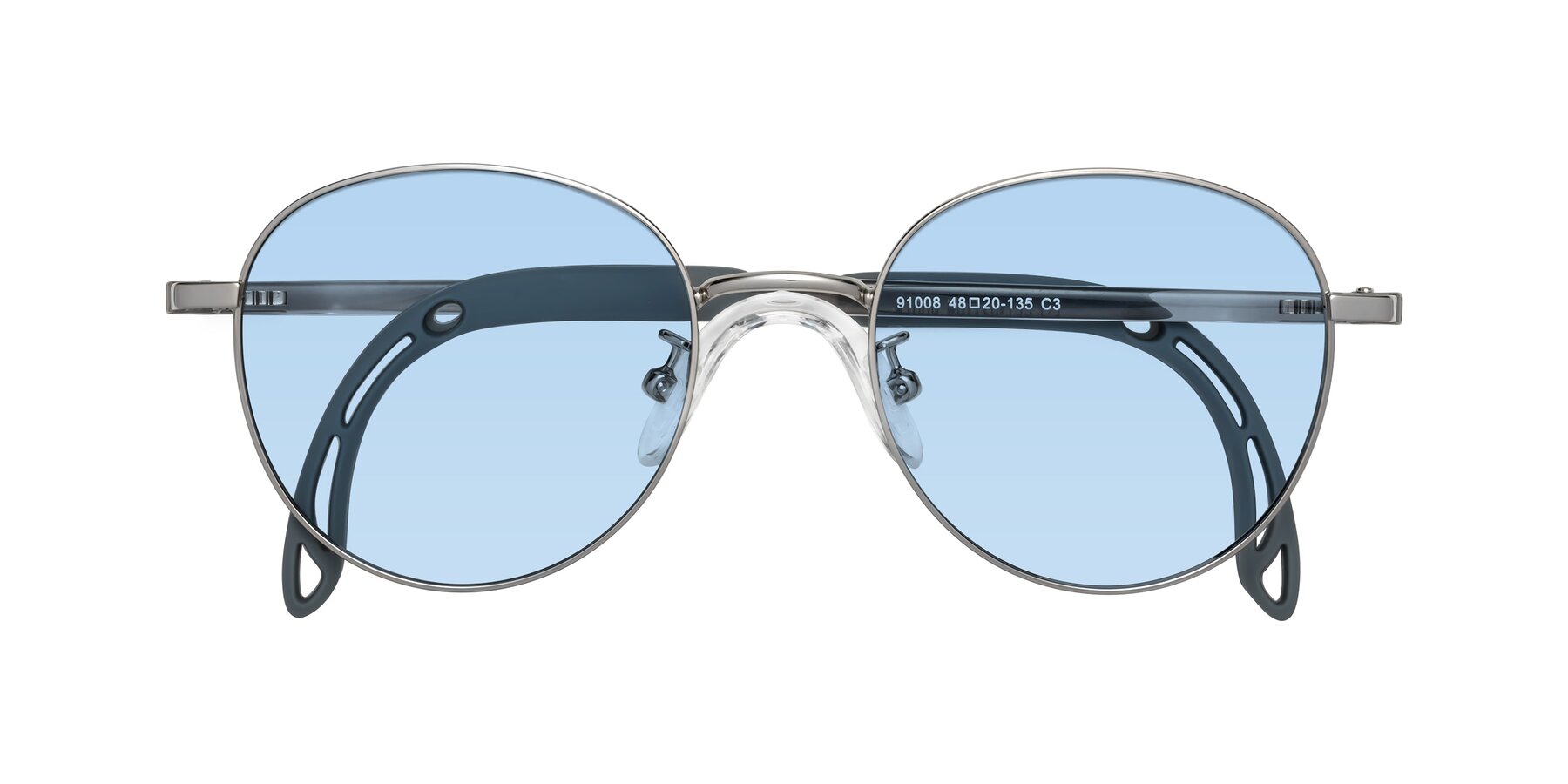 Folded Front of Ann in Knight Silver with Light Blue Tinted Lenses