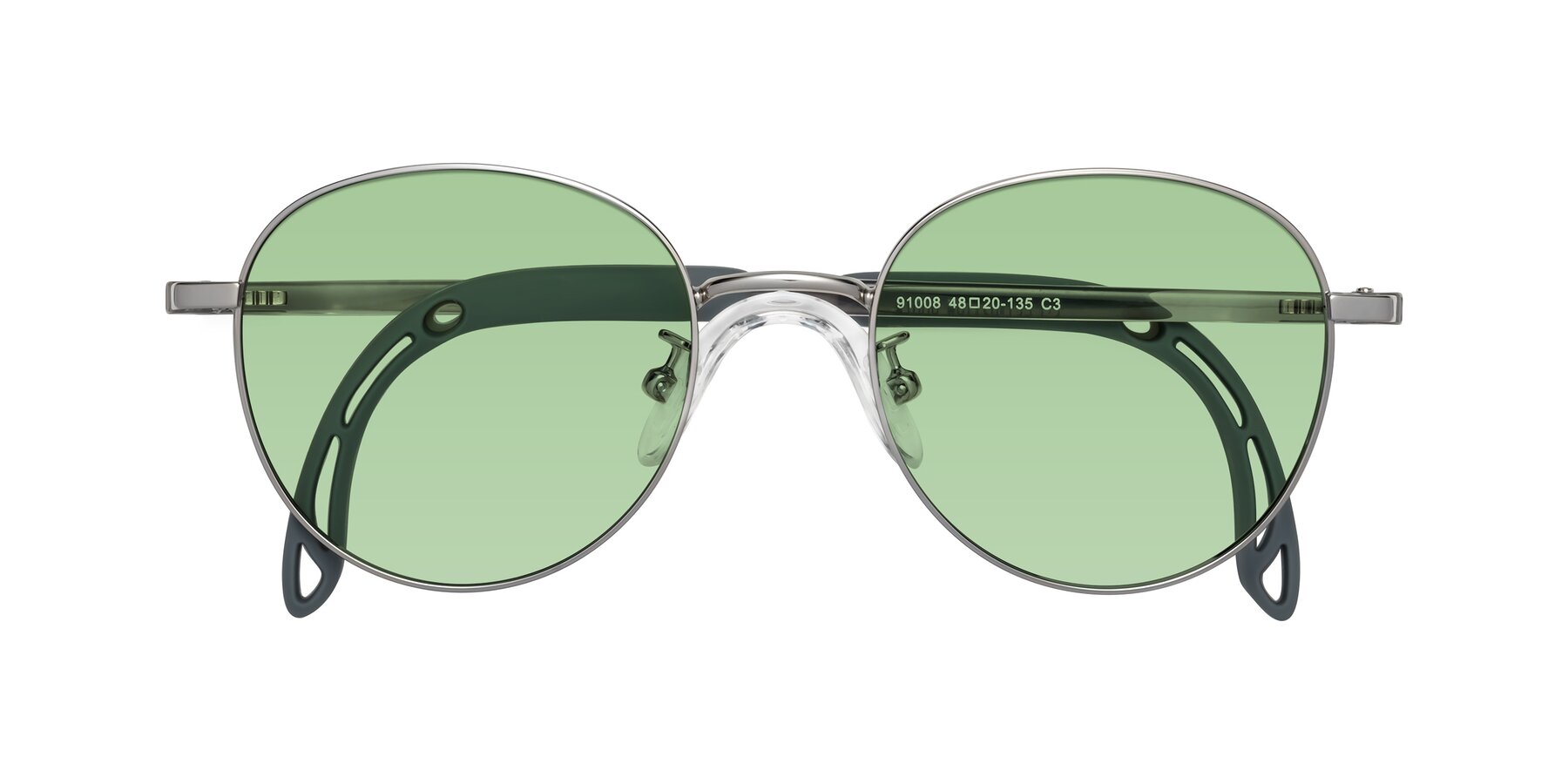 Folded Front of Ann in Knight Silver with Medium Green Tinted Lenses