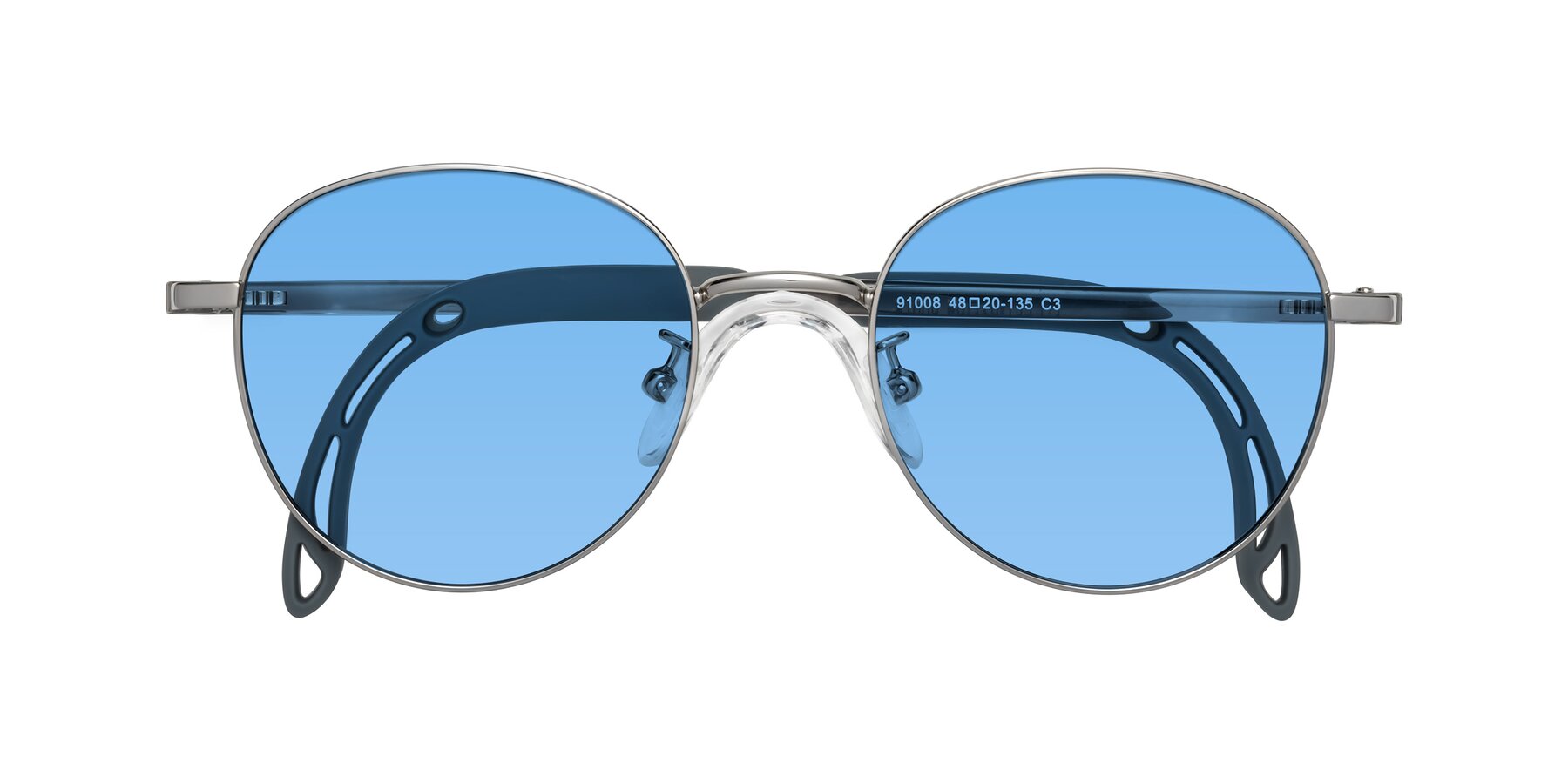 Folded Front of Ann in Knight Silver with Medium Blue Tinted Lenses