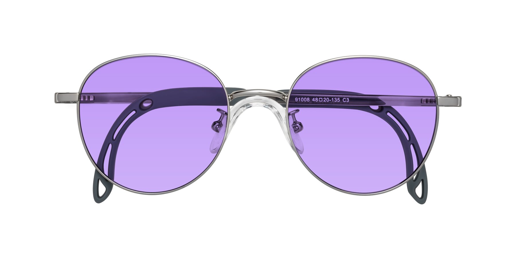 Folded Front of Ann in Knight Silver with Medium Purple Tinted Lenses