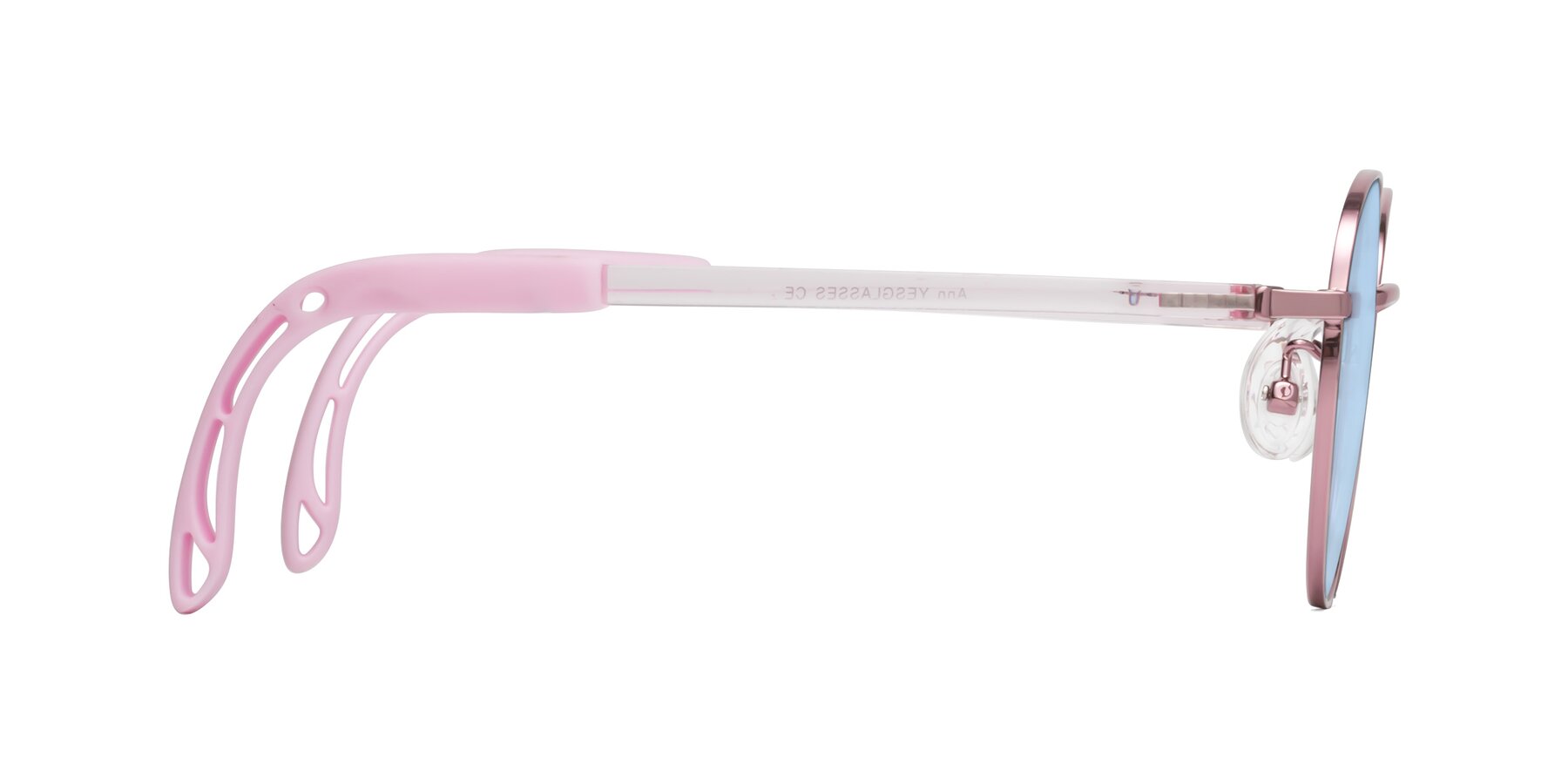 Side of Ann in Artist Pink with Light Blue Tinted Lenses