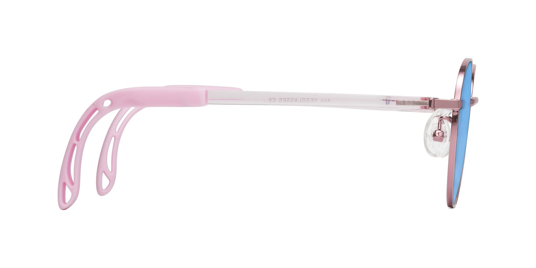 Side of Ann in Artist Pink with Medium Blue Tinted Lenses