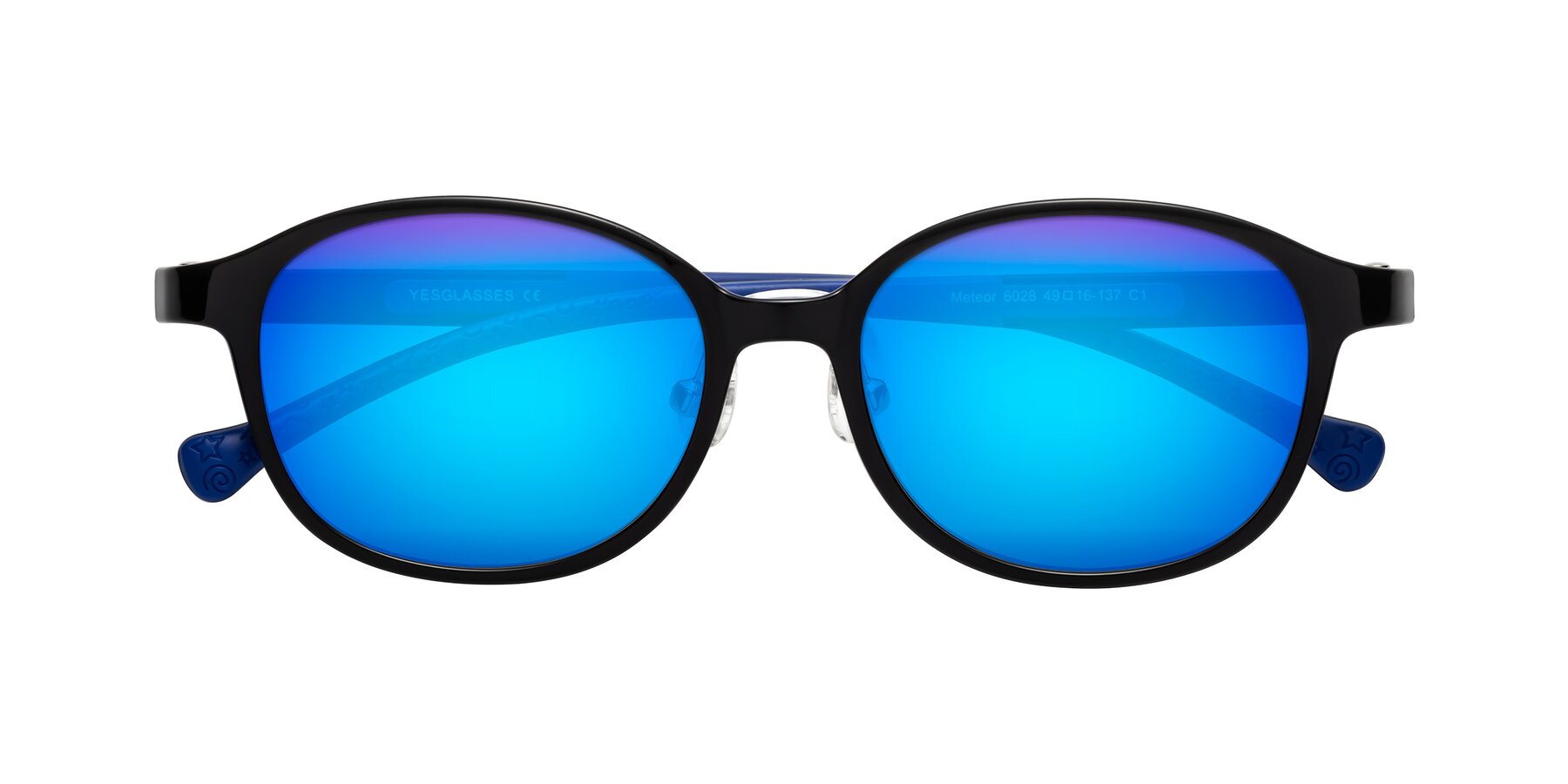 Folded Front of Meteor in Ninja Black with Blue Mirrored Lenses