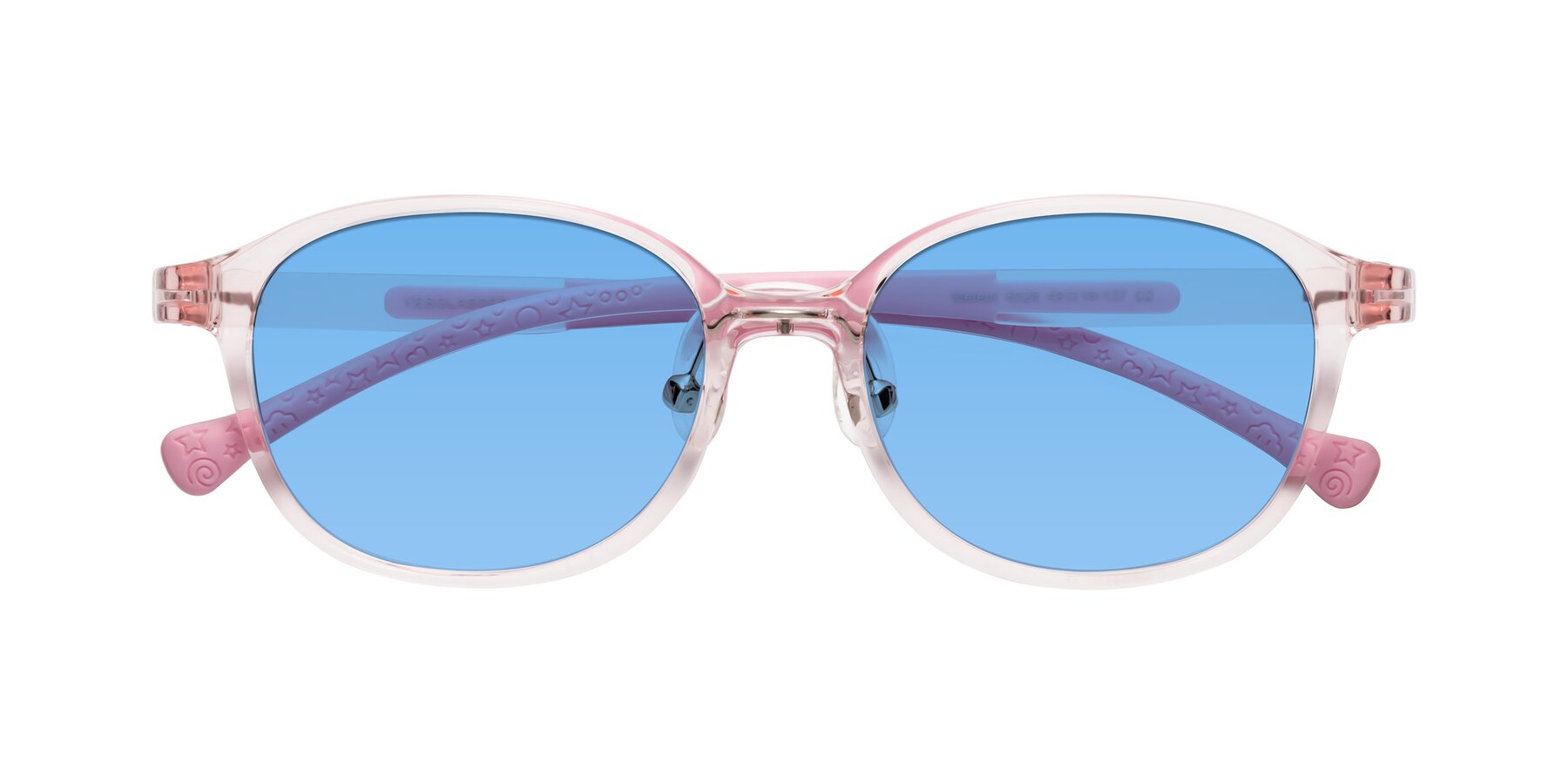 Folded Front of Meteor in Artist Pink with Medium Blue Tinted Lenses