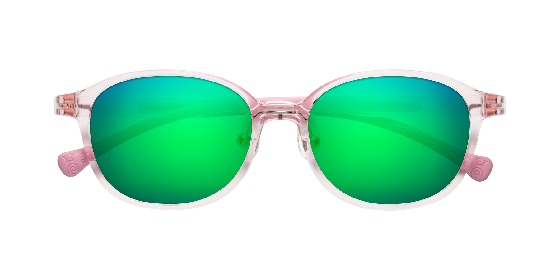 Folded Front of Meteor in Artist Pink with Green Mirrored Lenses